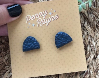 Modern Handmade Polymer Clay Earrings | Navy| Blue | Hammered | Arch | Studs