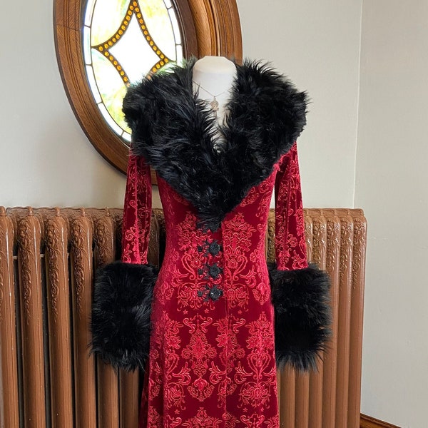 Islington Coat - Red/Black - Embossed Velvet Gothic Coat With Faux Fur And Embroidery - Vampire Coat - Velvet Coat with Faux Fur - Duster