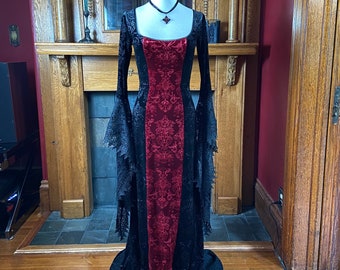 Oxfordshire Gown - Black and Red Embossed Velvet Gown with Lace Train - Velvet Gothic Dress - Medieval Gown - Vampire Dress - Fantasy