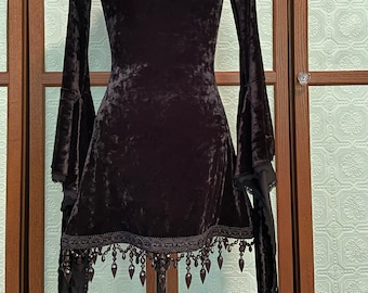 Annabel Lee Dress - Black Crushed Velvet Mini Dress With Beaded Trim And Coffin Embroidery - Gothic Mini Dress - Short Velvet Dress