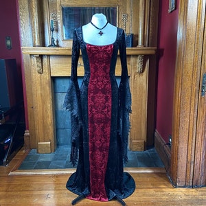 Oxfordshire Gown - Black and Red Embossed Velvet Gown with Lace Train - Velvet Gothic Dress - Medieval Gown - Vampire Dress - Fantasy