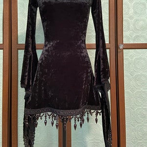 Annabel Lee Dress - Black Crushed Velvet Mini Dress With Beaded Trim And Coffin Embroidery - Gothic Mini Dress - Short Velvet Dress