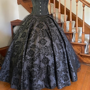 Countess Skirt - Black/Black Damask Flocked Taffeta - Full Gothic Victorian Skirt With Tulle Train - Vampire Ball - Gothic Wedding Skirt