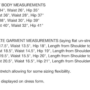 May include: Size chart for a dress with body measurements in inches for bust, waist, and hip, and approximate garment measurements in inches for bust, waist, hip, and length from shoulder to hem. The chart includes sizes small, medium, large, and extra large.
