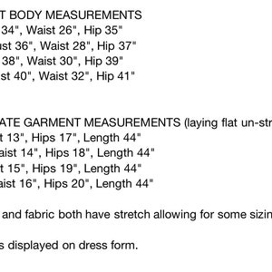 May include: Size chart for a garment with body and garment measurements in inches. The chart includes bust, waist, hip, and length measurements for sizes small, medium, large, and extra large. The text states that the waistband and fabric have stretch for sizing flexibility and that size small is displayed on the dress form.