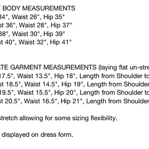 May include: Size chart for a dress with body measurements in inches for sizes small, medium, large, and extra large. Approximate garment measurements in inches are also listed for each size, including bust, waist, hip, and length from shoulder to hem.