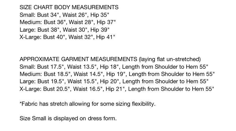 May include: Size chart for a dress with body measurements in inches for sizes small, medium, large, and extra large. Approximate garment measurements in inches are also listed for each size, including bust, waist, hip, and length from shoulder to hem.
