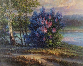 May include: A painting depicting a verdant landscape with a vibrant purple and pink lilac bush in the foreground. The bush is situated near a body of water and a birch tree. The sky is a soft blue with hints of pink and orange.