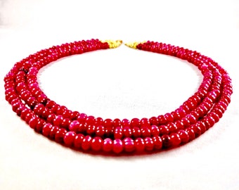 Ruby Necklace, Ruby 3 Strand Necklace; ruby rondelle necklace, ruby red necklace