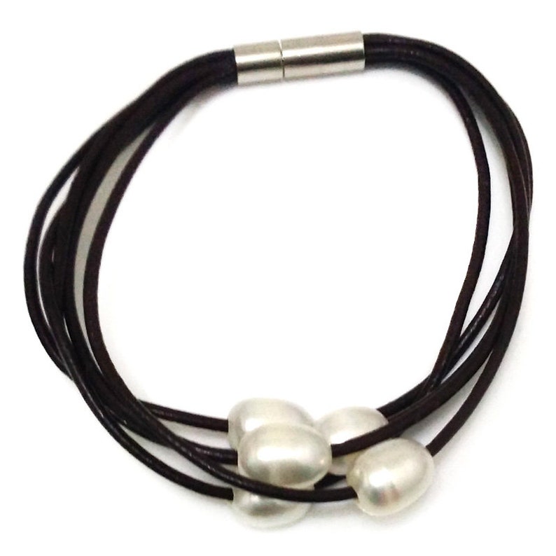 7.5 inches 5 rows Black Leather Cord Natural White Rice Pearl Bracelet