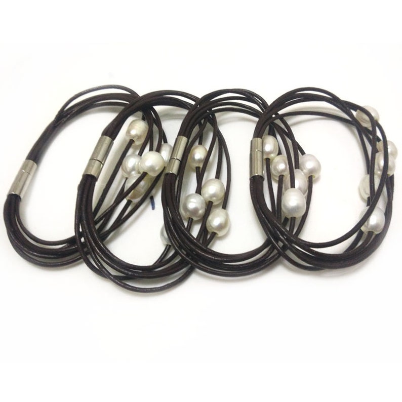 7.5 inches 5 rows Black Leather Cord Natural White Rice Pearl Bracelet