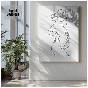 Impresión artística de una sola línea de mujer embarazada: arte de pared de maternidad minimalista, póster de maternidad abstracto floral, regalo de embarazo, obra de arte boho femenina