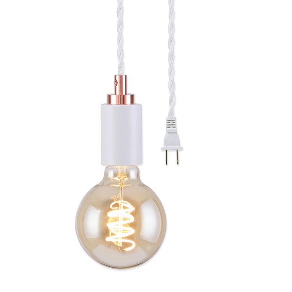 White Plug-In Simple Swag Pendant Ceiling Light + Rose Gold Top - Modern Minimalist Exposed Edison Bulb Lighting - 15ft Twisted Fabric Cord