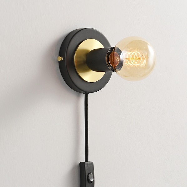 Black Plug In Wall Sconce Light With Brushed Brass Ring - Flush Mount Wall Lamp Fixture - Mid Century Industrial Modern Edison Bulb Lighting