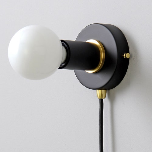 White Plug in Wall Sconce Light With Gold Ring Flush Mount Etsy