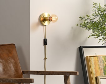Gold Plug-In Wall Sconce Light - Mid Century Modern Minimal Bedroom Vanity Lighting - Wall Lamp For Apartments & Spaces With No J-Box - LUNA