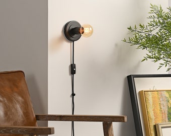 Aplique de pared negro con enchufe - Iluminación minimalista de estilo moderno de mediados de siglo para tocador de dormitorio - Lámpara de pared para apartamentos y espacios sin caja de conexiones - LUNA