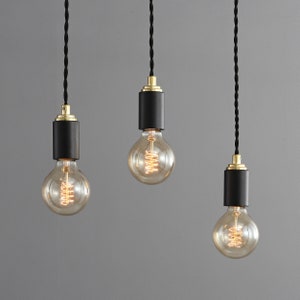 Simple Matte Black Pendant Light With Gold Top - Industrial Modern Minimalist Exposed Edison Bulb Lighting - Hardwire Fixture Or Plug-In