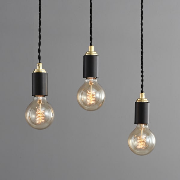 Lampe suspendue noire mate simple avec dessus doré - Éclairage à ampoule Edison exposé minimaliste moderne et industriel - Luminaire câblé ou plug-in