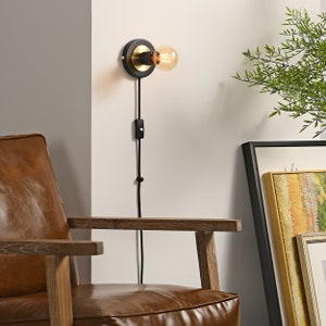 Black & Gold Plug-In Wall Sconce - Mid Century Modern Bedroom Vanity Lighting - Wall Lamp For Apartments And Spaces With No J-Box - LUNA