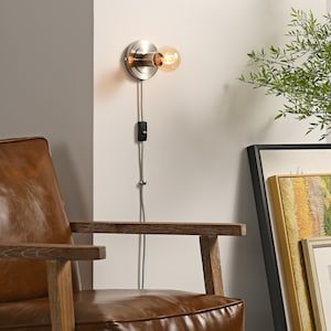 Nickel Plug-In Wall Sconce - Mid Century Modern Minimal Bedroom Vanity Lighting - Wall Lamp For Apartments & Spaces With No J-Box - LUNA