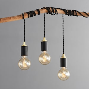 Lámpara colgante enchufable negra y dorada - Lámpara colgante minimalista industrial moderna - Iluminación portátil para apartamentos y plantas en crecimiento (STEP UP)