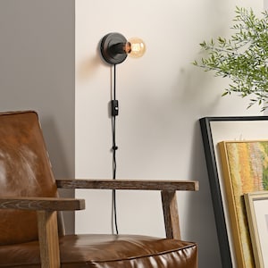 Black Plug-In Wall Sconce - Mid Century Modern Minimal Bedroom Vanity Lighting - Wall Lamp For Apartments & Spaces With No J-Box - LUNA