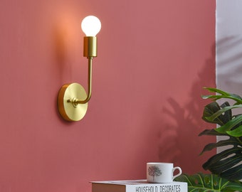 1 Light Gold Wall Sconce With Bend Arm - Mid Century Modern Minimalist Exposed Bulb Wall Lamp Fixture - Bathroom Vanity & Hallway Lighting