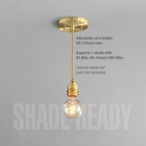 Lámpara colgante de latón dorado de 1 luz - Portalámparas de latón robusto para pantalla colgante - Opciones de cableado y enchufable