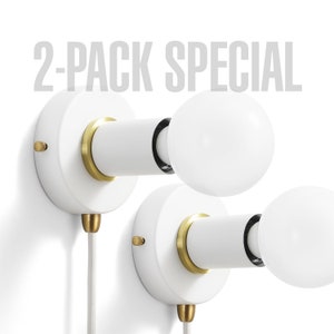 White & Gold Plug-In Wall Sconce Light - Industrial Modern Portable Wall Lamp With Plug For Bedside, Closet and Small Rooms - 2-PACK
