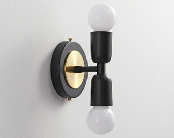 LUNA Duo Black & Gold Wall Sconce - Mid Century Industrial Modern 2-Light Lamp For Wall And Ceiling - Vanity Mirror and Bathroom Lighting