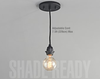Black Shade-Ready Pendant Light Kit With Fabric Cord & Threaded Socket - Modern Minimalist Hanging Swag DIY Lamp - Direct wire Or Plug-in