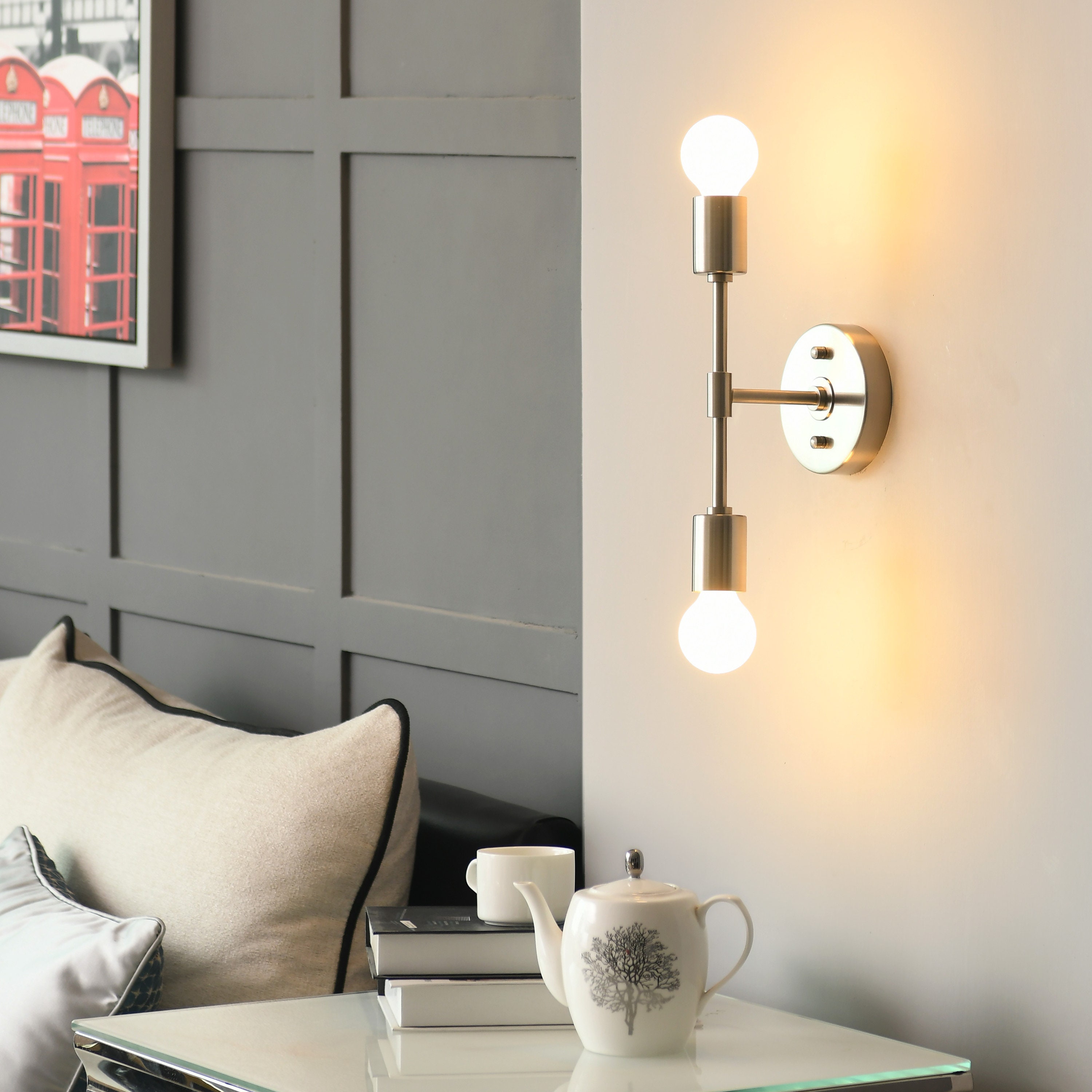 2 Light Brushed Nickel Wall Sconce Modern Minimalist Lighting for