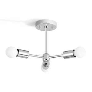 May include: A chrome ceiling light fixture with three arms and three white light bulbs.