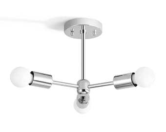 3 Light Chrome Semi Flush Ceiling Light – Exposed Bulb Fixture