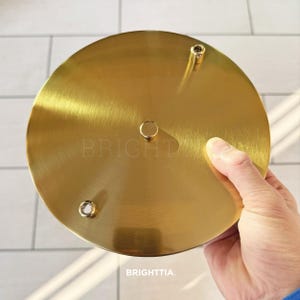 Op de afbeelding: Een ronde, goudkleurige metalen plaat met drie gaten en het woord "BRIGHT" erop gedrukt. De plaat wordt door een hand vastgehouden. De tekst "BRIGHTTIA" staat onderaan.