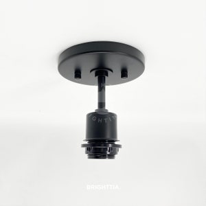 May include: Black ceiling mount light fixture with a black cord and a black socket. The fixture has a round, flat base with three screw holes.