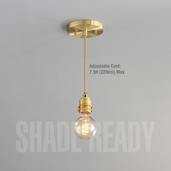 Robust Brass Threaded Socket Pendant Light With Fabric Cord - Shade-Ready Hanging Swag Industrial Modern Lamp - Hardwire And Plug-in Option