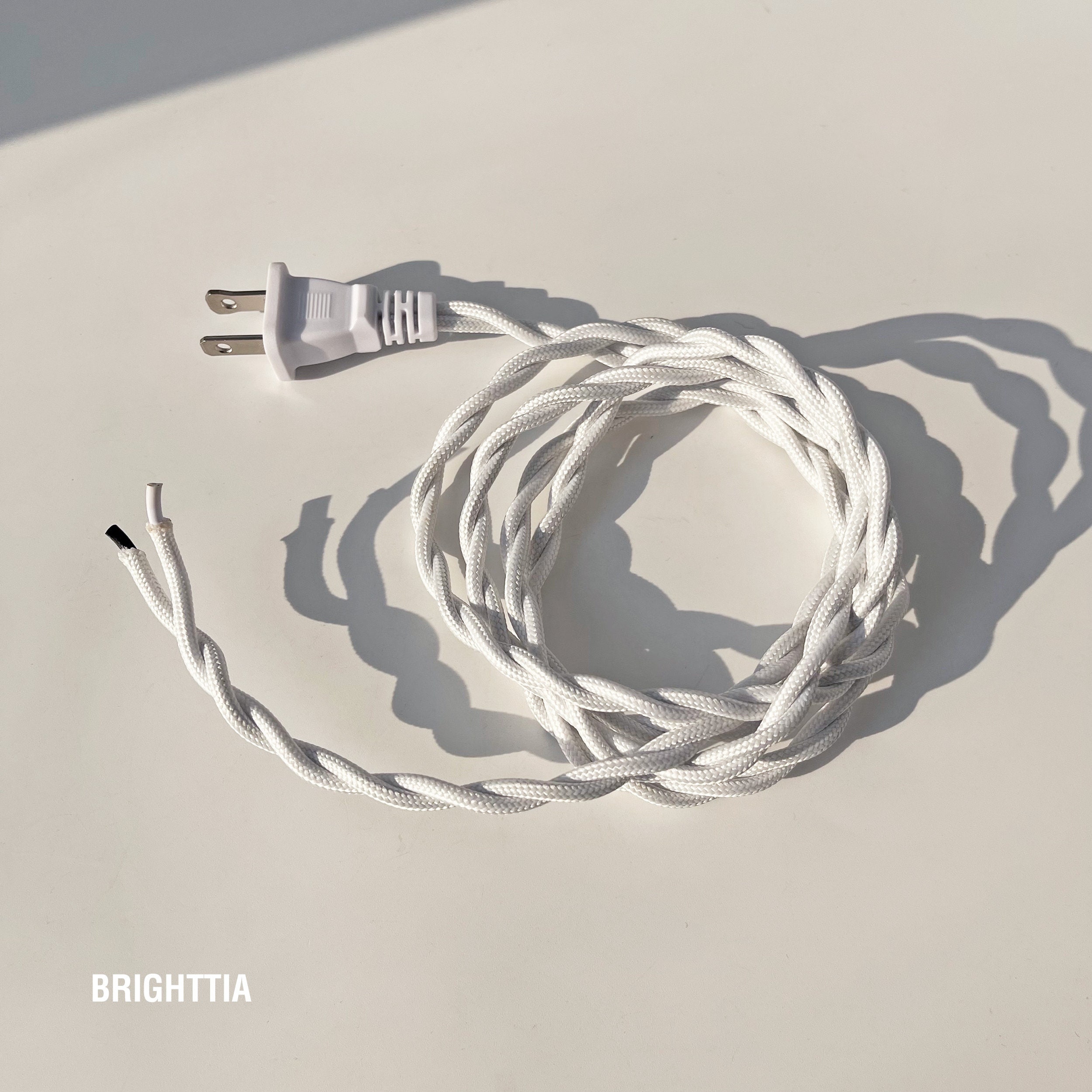 White Plug-In Twisted Cloth-Covered Power Cord With 2 Prong Plug - 4.75Ft Cord Set For DIY Lamp Projects And Small Vintage Appliance Revival