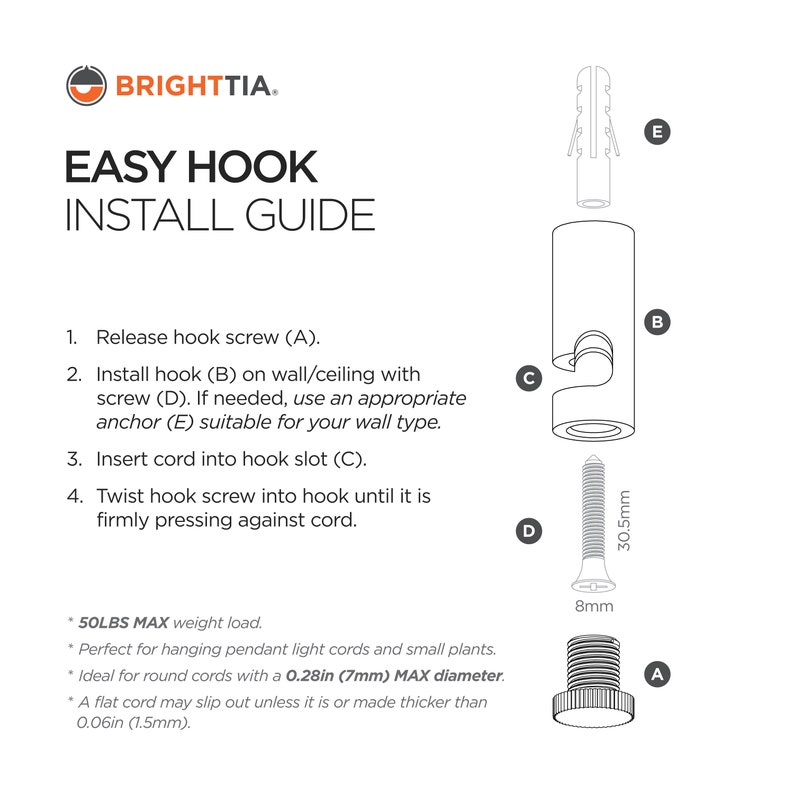 Brighttia Easy Hook Install Guide with illustration and 4 steps to follow.