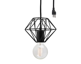 Small Plug-In Wire Cage Lamp - Hanging Swag Pendant Light With 16 Feet Cord & In-Line Switch - Industrial Ceiling and Wall Lighting