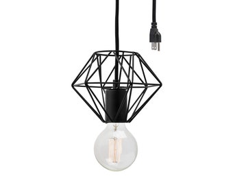 Black Wire Cage Plug-In Pendant - Portable Hanging Swag Industrial Light - Use As Wall Sconce And Bedside Lamp - Christmas And New Home Gift