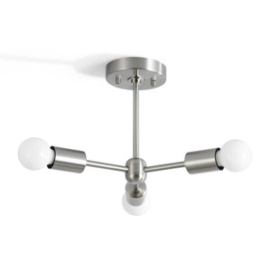 3-Light Semi Flush Ceiling Light - Brushed Nickel - Industrial Modern Minimalist Sputnik Chandelier Lighting - Mid Century Exposed Bulb Lamp - Image showing ceiling lamp mounted on ceiling with lights off - Brighttia.etsy.com