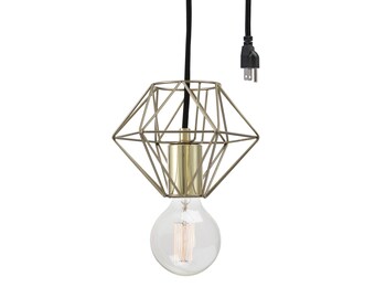 Gold Wire Cage Plug-In Pendant - Portable Hanging Swag Industrial Light - Use As Wall Sconce And Bedside Lamp - Christmas And New Home Gift
