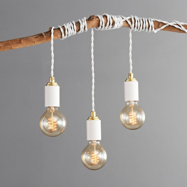 Matte White Plug-In Simple Swag Pendant Ceiling Light With Gold Top - Modern Minimalist Exposed Edison Bulb Lighting - 15ft Fabric Cord