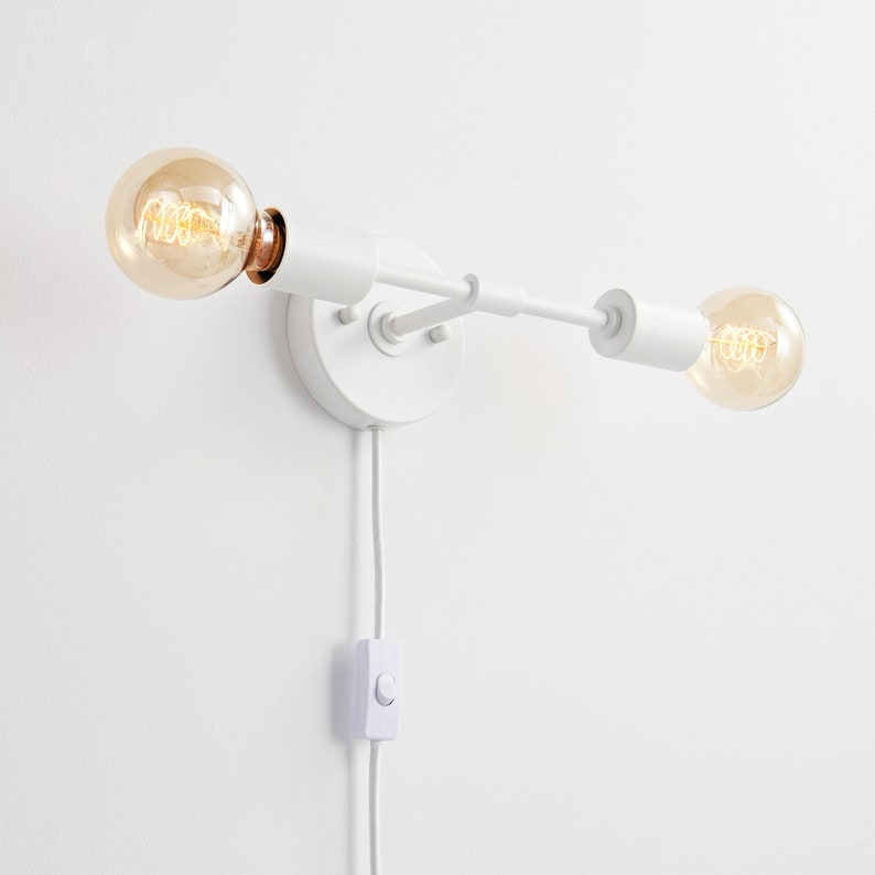 White Plug-In 2-Light Wall Sconce Mid Century Modern Industrial Wall Lamp Bedroom, Office, Kitchen, Hallway and Bathroom Vanity Lighting image 1