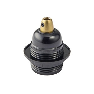 May include: Black bakelite lamp socket with a brass center contact. The socket has a threaded base and a threaded top for attaching a light bulb.