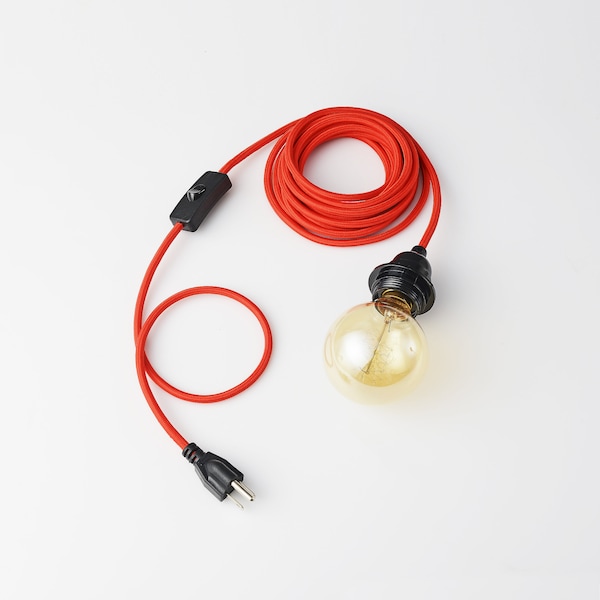 RED Portable Shade Ready Plug-In Pendant - Hanging Swag Industrial Light - Use As Wall Sconce And Bedside Lamp - Christmas And New Home Gift