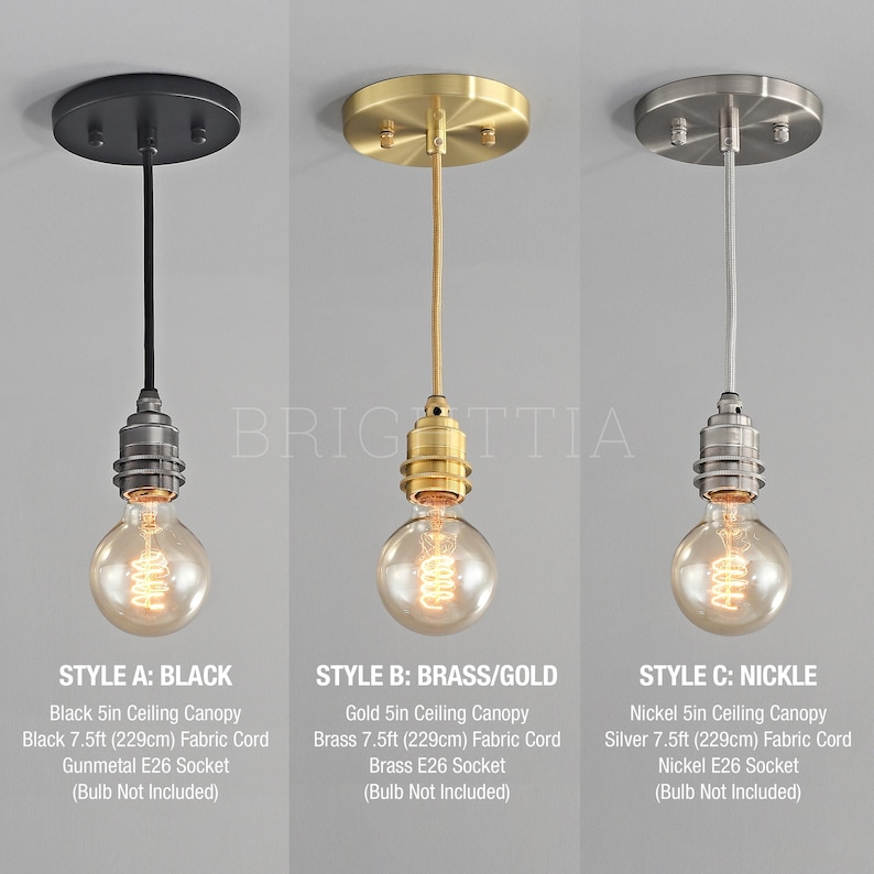 May include: Three pendant lights with different finishes: black, brass/gold, and nickel. Each features a round ceiling canopy, fabric cord, and an Edison-style bulb. The text on the image provides details about the style and components.