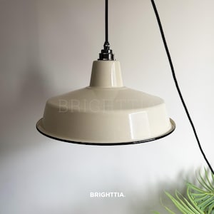 Vintage Industrial Beige 14in Classic Cap Lamp Shade- Porcelain Enamel Metal Shade with Minor Chips And Marks for DIY Hanging Pendant Light